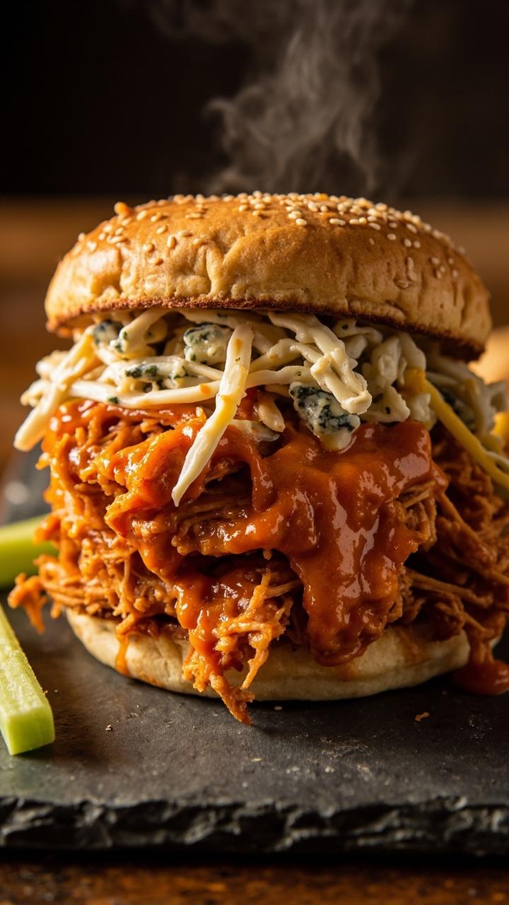 Spicy buffalo coated shredded chicken piled on a toasted sesame bun topped with creamy blue cheese slaw and a few celery sticks on the side on a slate serving board