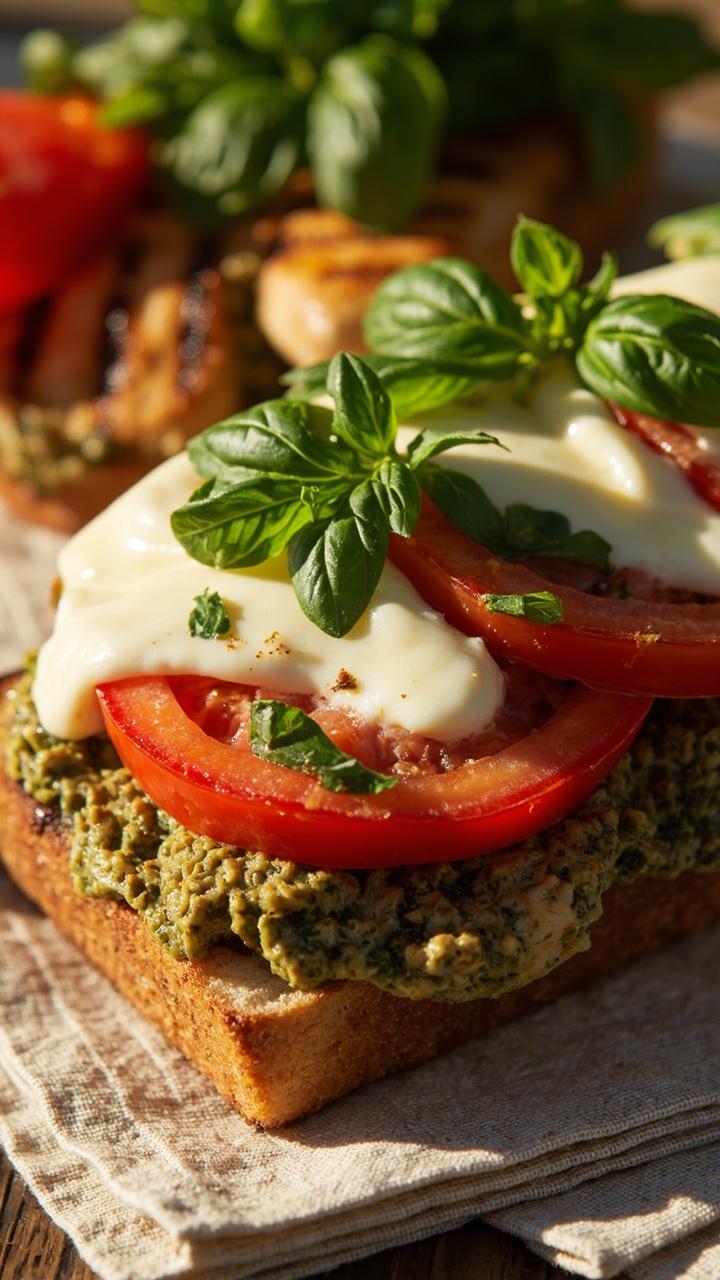Grilled chicken breast with bright green pesto fresh slices of tomato and melted mozzarella on a crusty focaccia square with basil leaves scattered on a light linen napkin