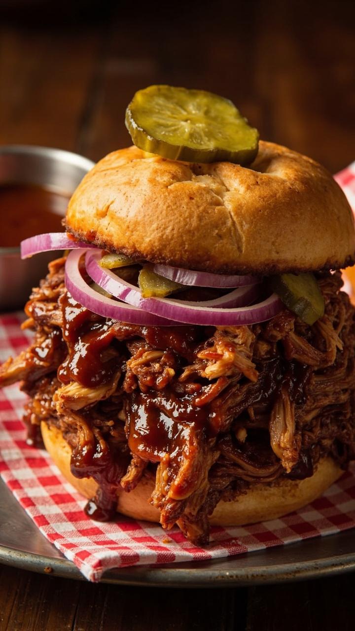 Shredded BBQ chicken piled high on a soft potato roll with thinly sliced red onion a few pickle chips and a small bowl of extra barbecue sauce on a metal tray with a checked napkin