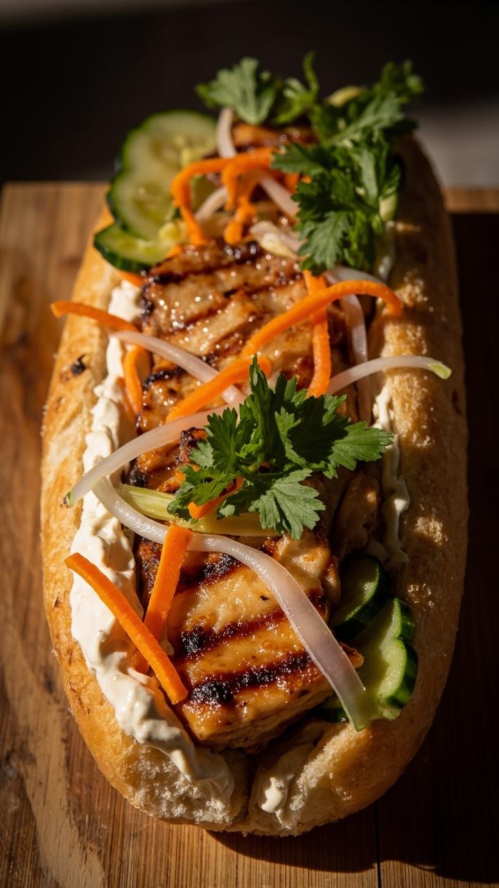 Grilled lemongrass chicken on a crusty baguette with julienned pickled carrots and daikon fresh cilantro cucumber slices and a smear of mayonnaise on a bamboo board