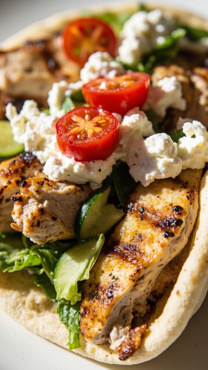 Slices of grilled lemon oregano chicken tucked into a warm pita with dollops of creamy tzatziki chopped cucumber cherry tomato halves and a sprinkle of crumbled feta on a white plate