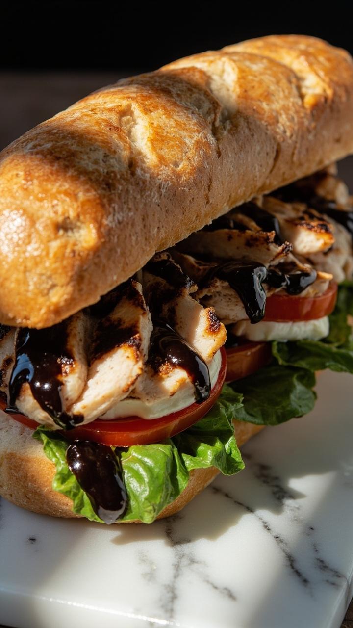 Sliced grilled chicken layered with fresh mozzarella tomato and basil leaves on a toasted ciabatta roll drizzled with glossy balsamic glaze and set on a marble board