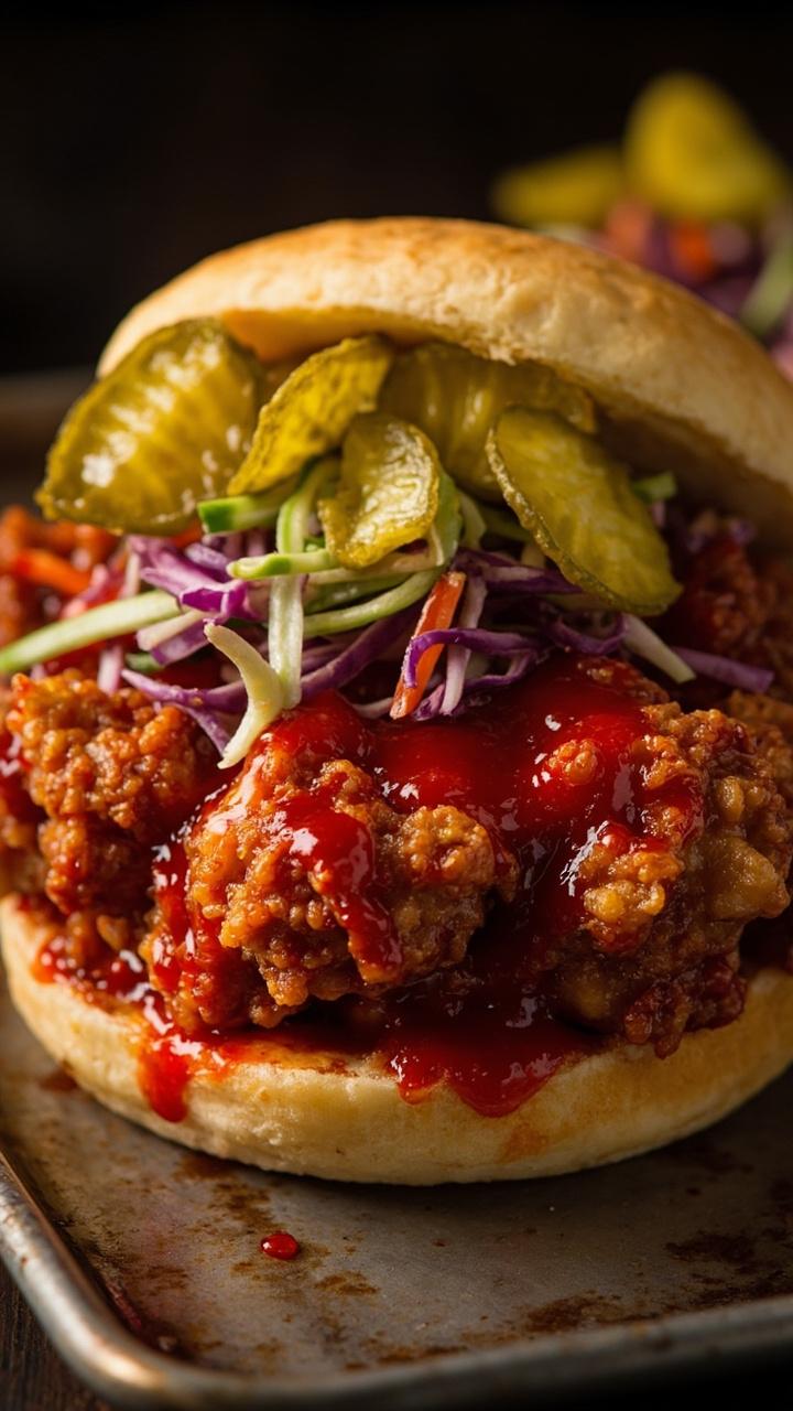 Crispy fried chicken coated in glossy red hot oil on a soft potato roll with dill pickle chips and a small mound of shredded cabbage slaw on a metal tray