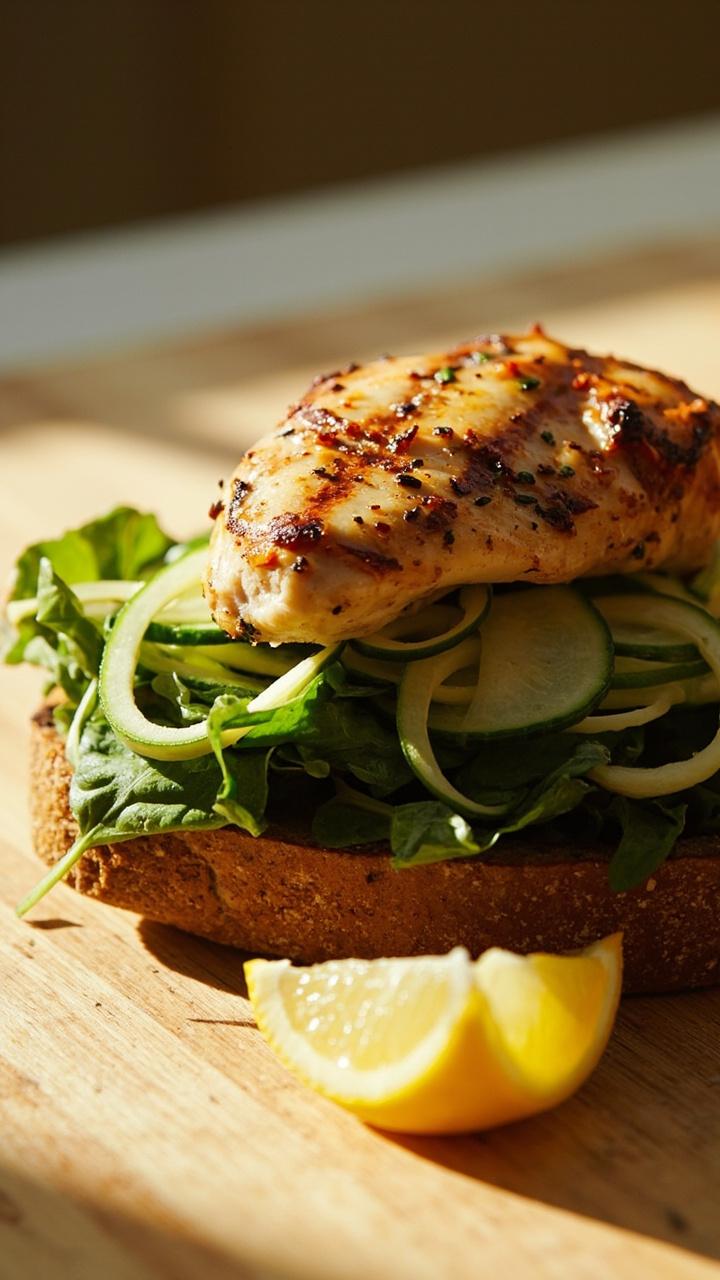 Grilled lemon herb chicken breast on whole grain bread with spinach leaves thin cucumber ribbons and a lemon wedge on the side on a light wooden board