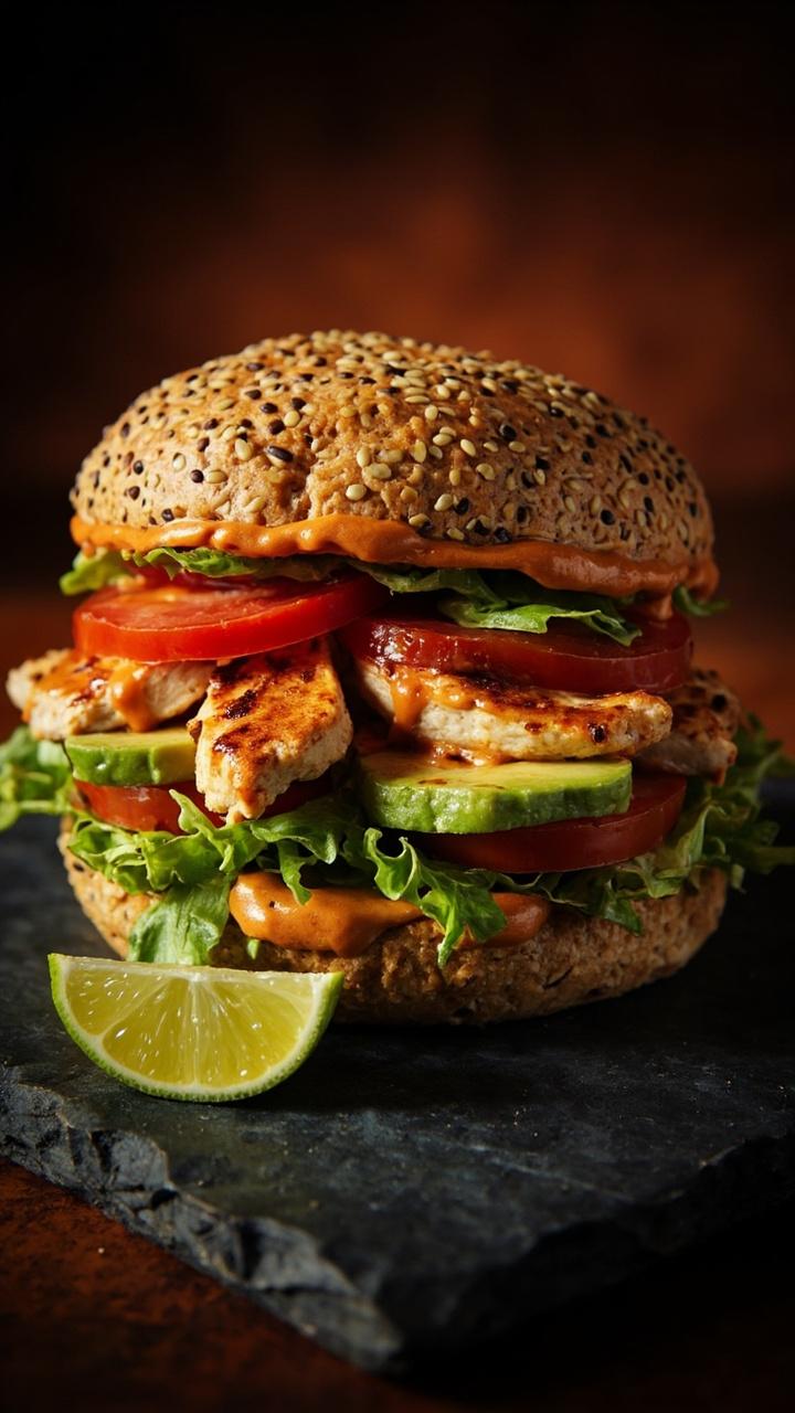 Sliced grilled chicken tossed in chipotle mayo with avocado slices shredded romaine and tomato on a toasted multigrain bun with a lime wedge on the side on a dark slate plate