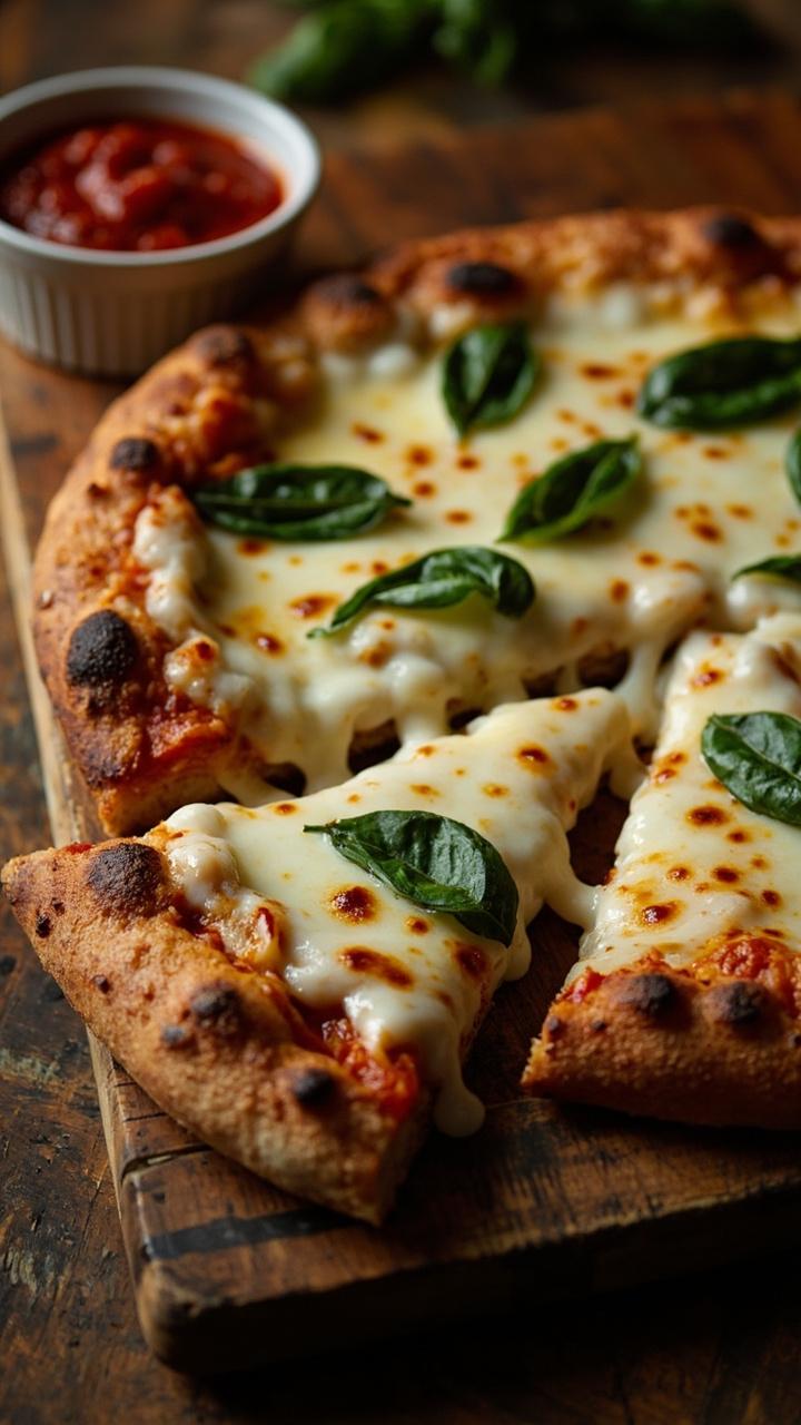 A round golden crust on a wooden board. Melted white mozzarella with bright green basil leaves scattered on top. A slice pulled away with gooey cheese stretching. A small ramekin of extra tomato sauce at the edge of the board.