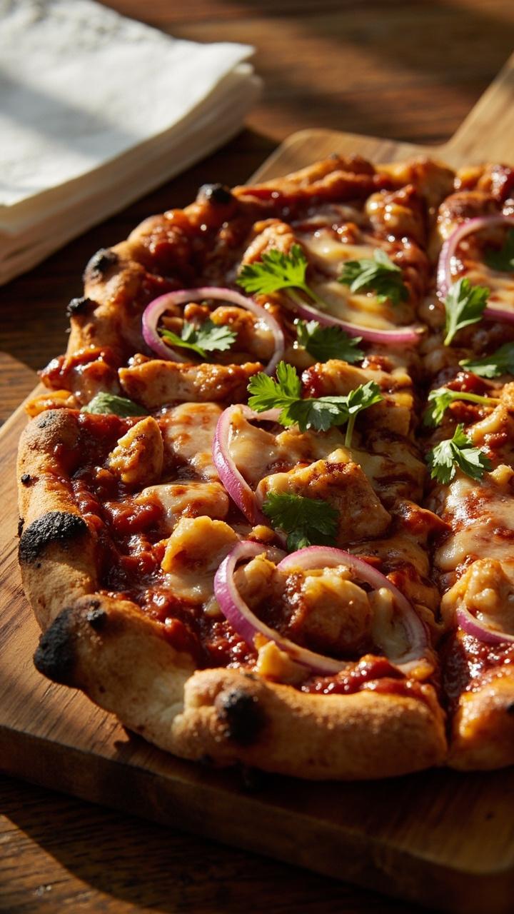 A rectangular pizza with dark gleaming BBQ sauce, chunks of golden roasted chicken, thin red onion slices, and melted cheddar. A few sprigs of cilantro and a stack of napkins beside the board complete a relaxed table scene.