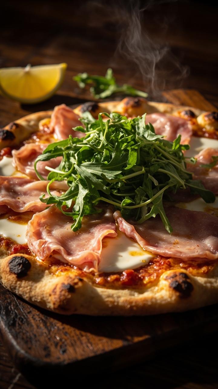A thin crust pizza with a golden edge. Thin ribbons of pink prosciutto laid over melted mozzarella. A pile of fresh arugula tossed with lemon on top. A small lemon wedge sits beside the board.