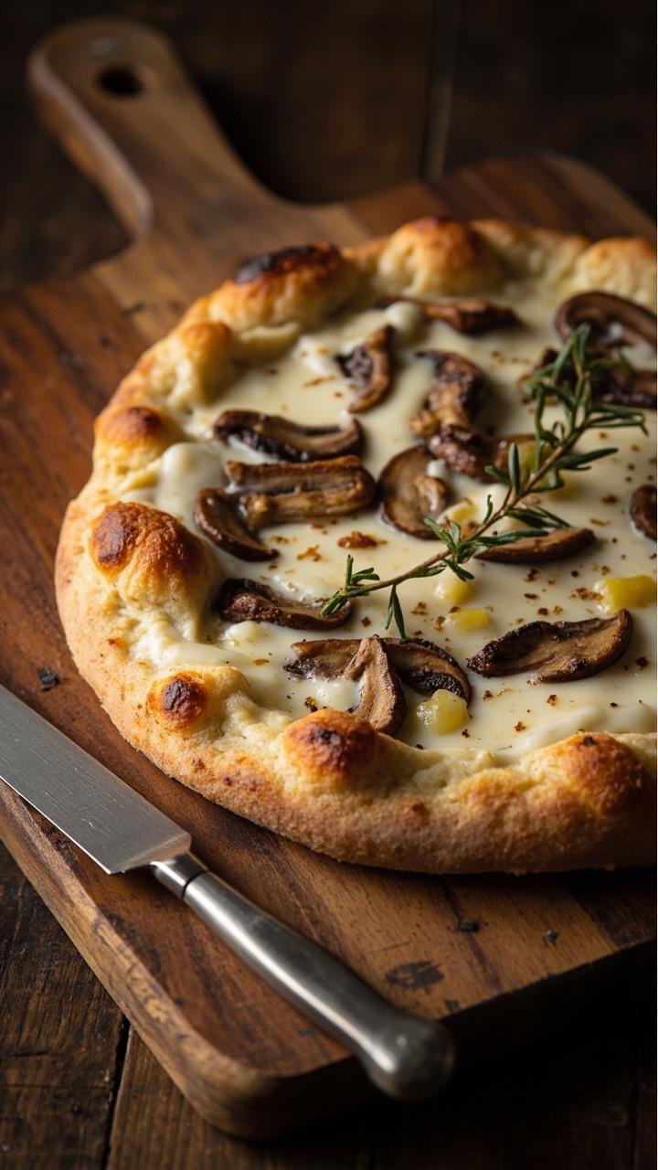 A round pizza with a creamy white base and golden-browned mushrooms. Tiny flecks of minced garlic visible on the surface. A sprig of thyme and a wooden board with a knife beside it.
