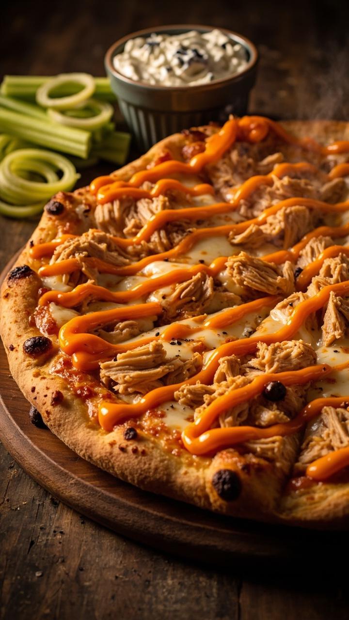 A round pizza with bright orange buffalo sauce streaks, shredded chicken pieces, and melted mozzarella. Thin rings of celery and a small bowl of blue cheese dressing sit next to the pizza.
