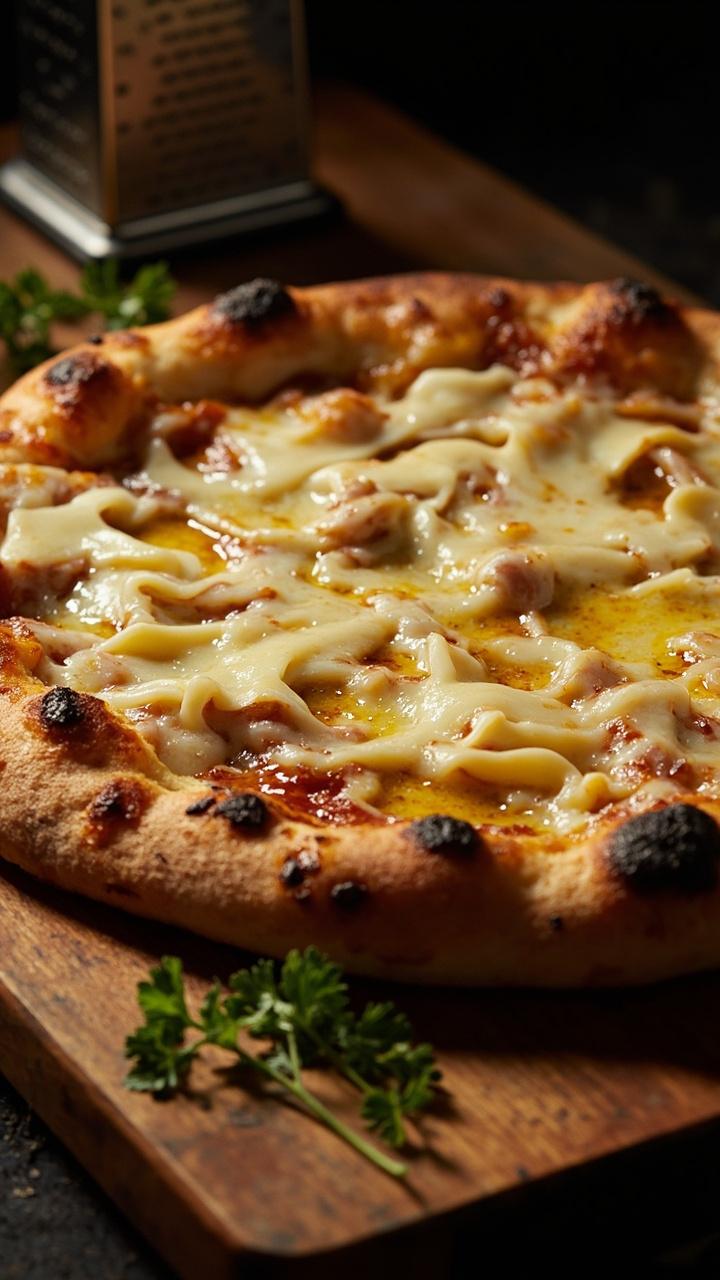 A golden crust with a textured layer of melted cheeses: mozzarella, fontina, parmesan, and gorgonzola. A small grater and a few scattered sprigs of parsley are visible on the cutting board.