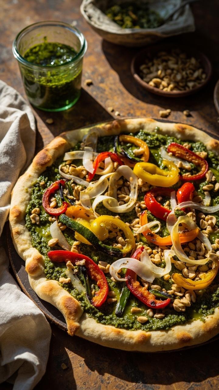 A round pizza with a vibrant green pesto base, colorful roasted bell pepper strips, zucchini ribbons, and a scatter of toasted pine nuts. A cloth napkin and a small jar of extra pesto sit nearby.