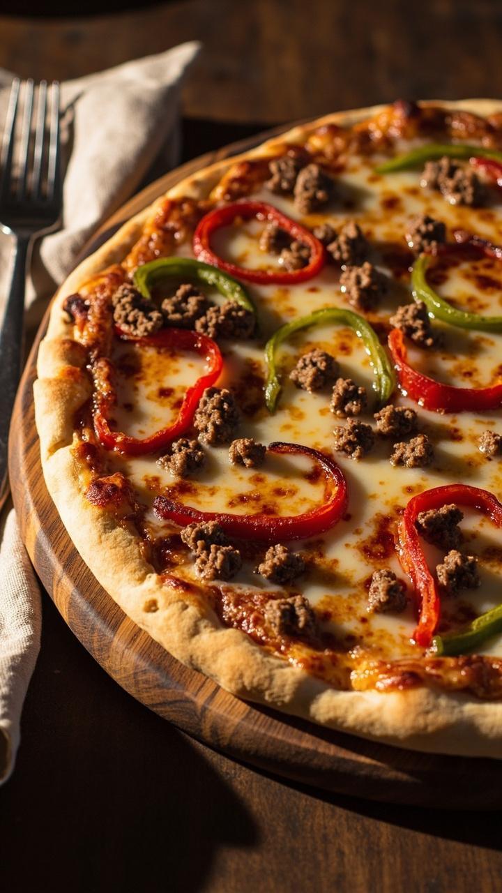 A round pizza topped with browned Italian sausage crumbles, vibrant strips of sautéed red and green bell peppers, and melted provolone cheese. A fork and a napkin rest beside the board.