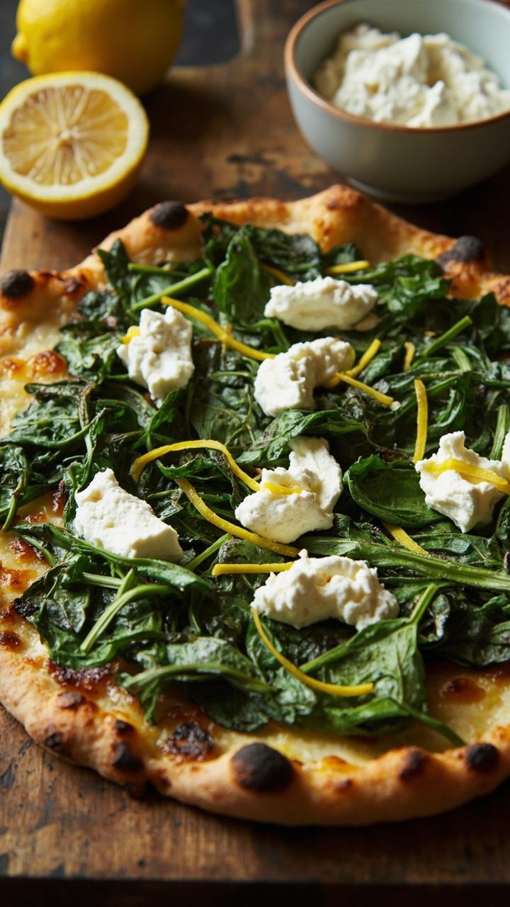 A thin crust pizza with dollops of white ricotta, wilted glossy spinach, and visible grated lemon zest. A lemon half and a small bowl of ricotta sit beside the board.