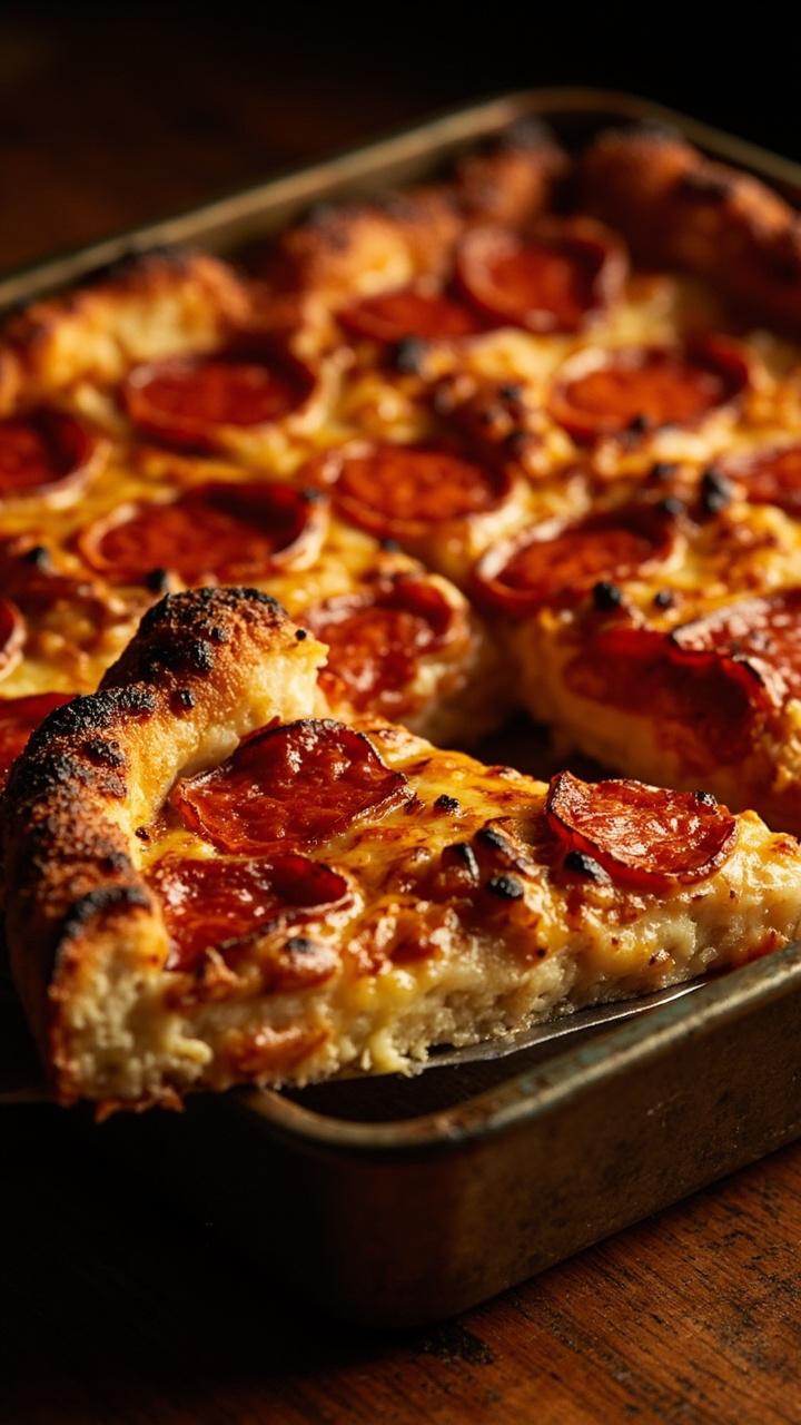 A square deep-dish pizza in a metal pan with crispy, darkened cheese edges and rows of pepperoni. The interior is fluffy and golden. A spatula peeks under one corner where a slice is being lifted.