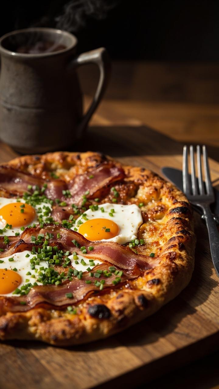 A round pizza with crispy bacon strips, sunny baked eggs set into the cheese, and chopped chives sprinkled on top. A coffee mug and a fork sit nearby.