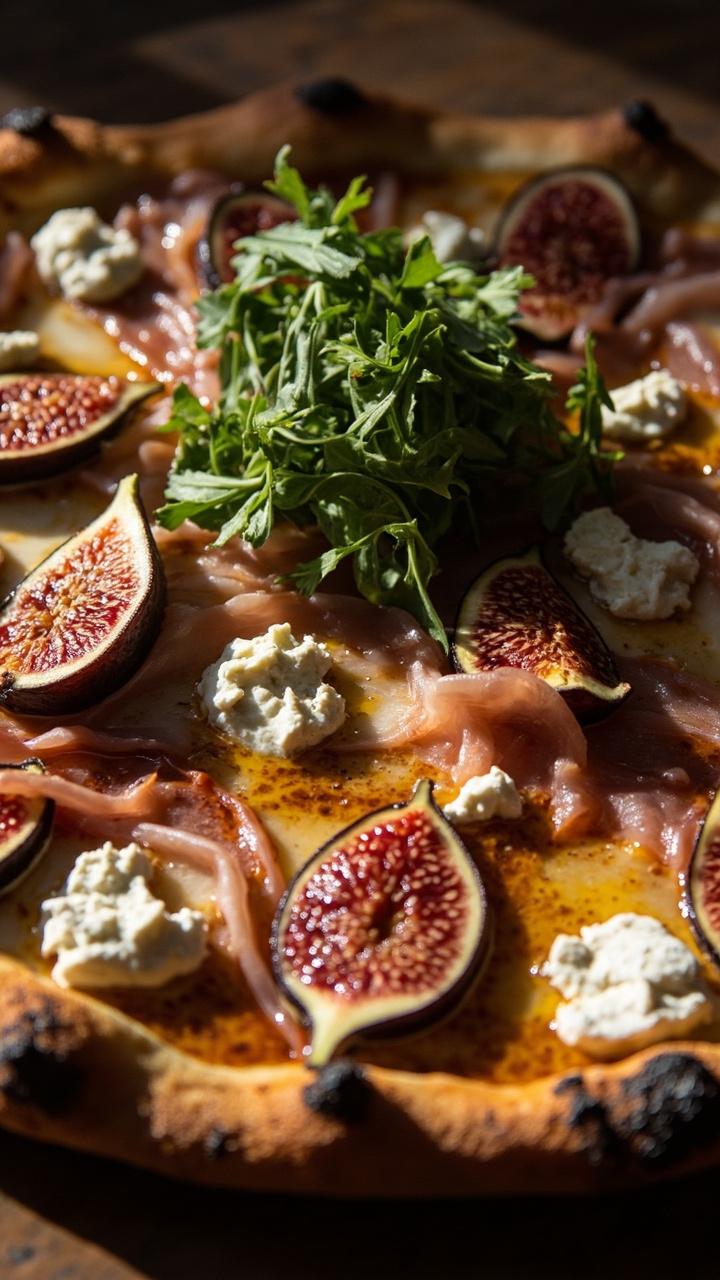 A rustic round pizza with thin slices of fresh fig, white dollops of goat cheese, and thin prosciutto strips. A drizzle of honey and scattered arugula finish the pie.
