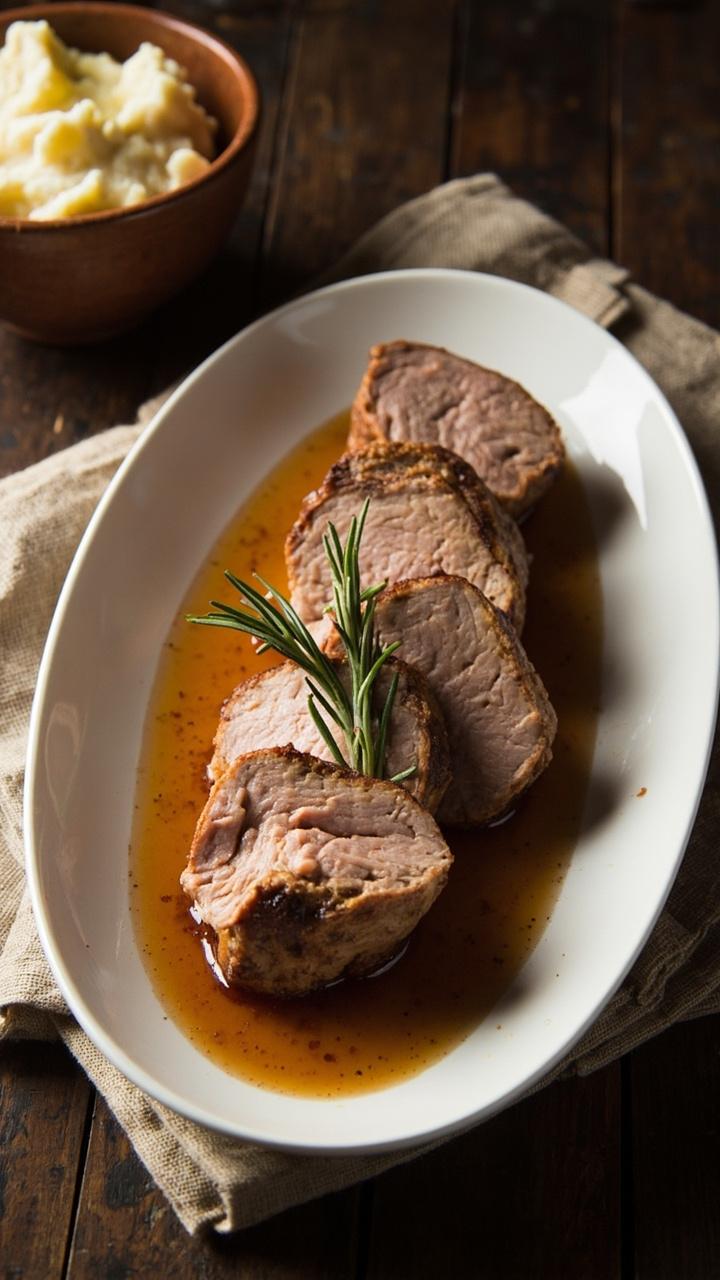 Sliced pork tenderloin arranged in a shallow white oval platter. Golden pan juices pooled at the base. A sprig of fresh rosemary on top. A small bowl of mashed potatoes at the side and a linen napkin under the platter on a wooden table.