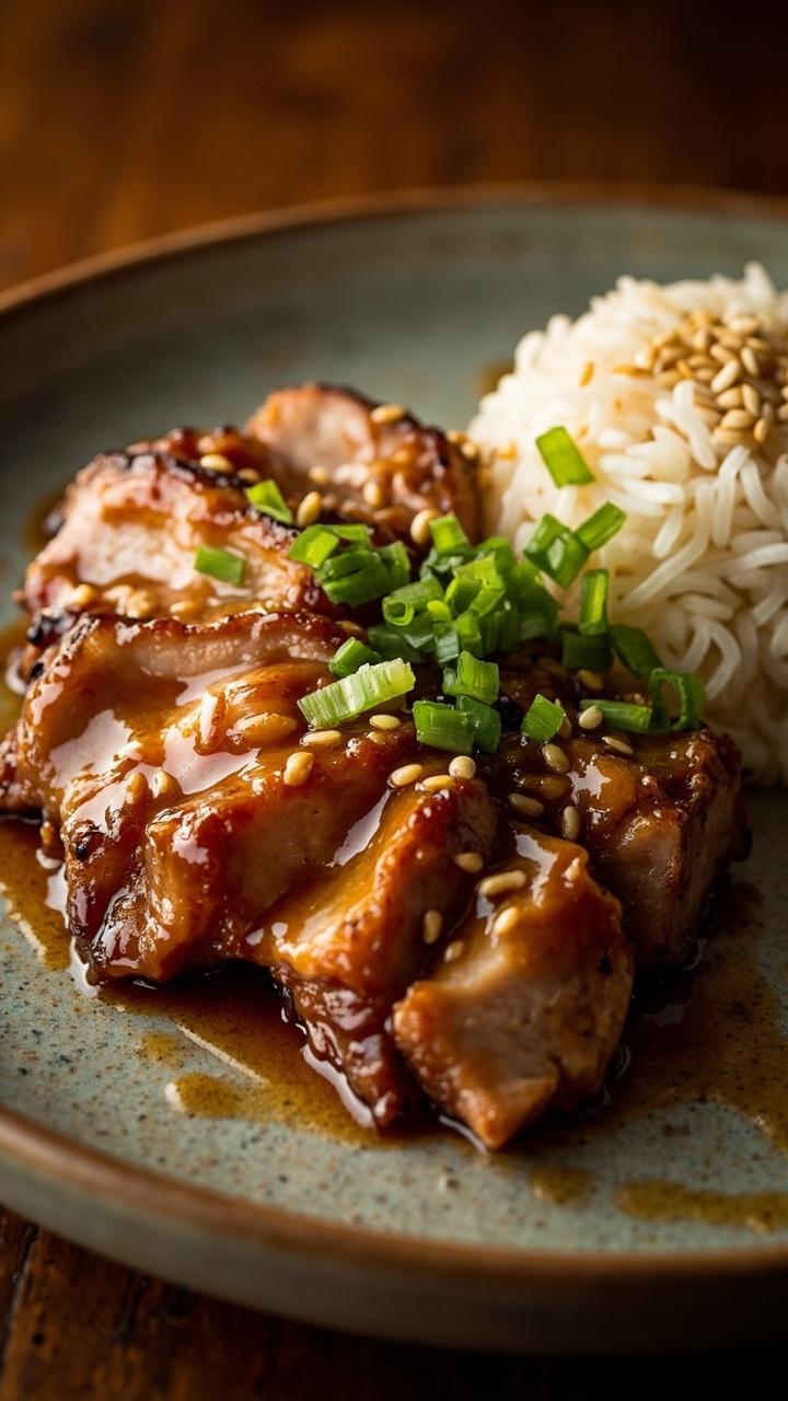 Thick slices of pork topped with glossy honey garlic sauce. A small mound of steamed white rice beside the pork. Scattered chopped green onions and sesame seeds for color on a round ceramic plate.