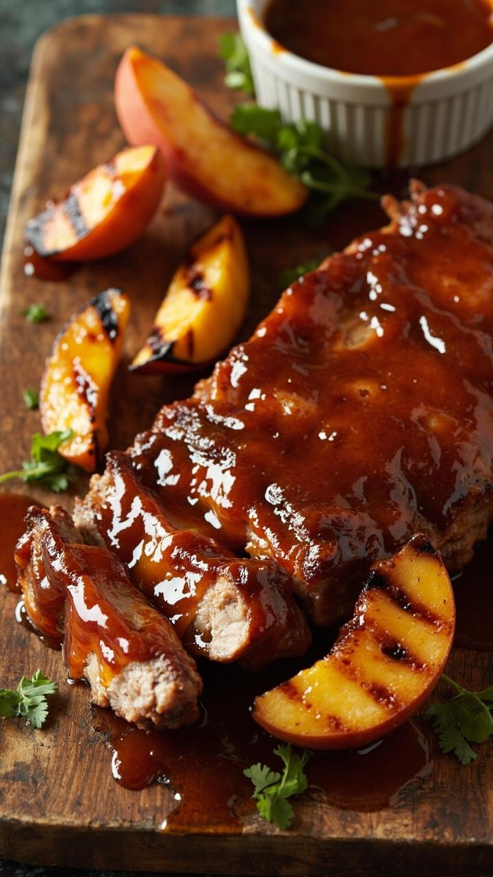 Thick pork slices glazed in glossy peach barbecue sauce on a wooden cutting board. A few grilled peach wedges on the side. A small ramekin of extra sauce and a scattering of chopped cilantro.
