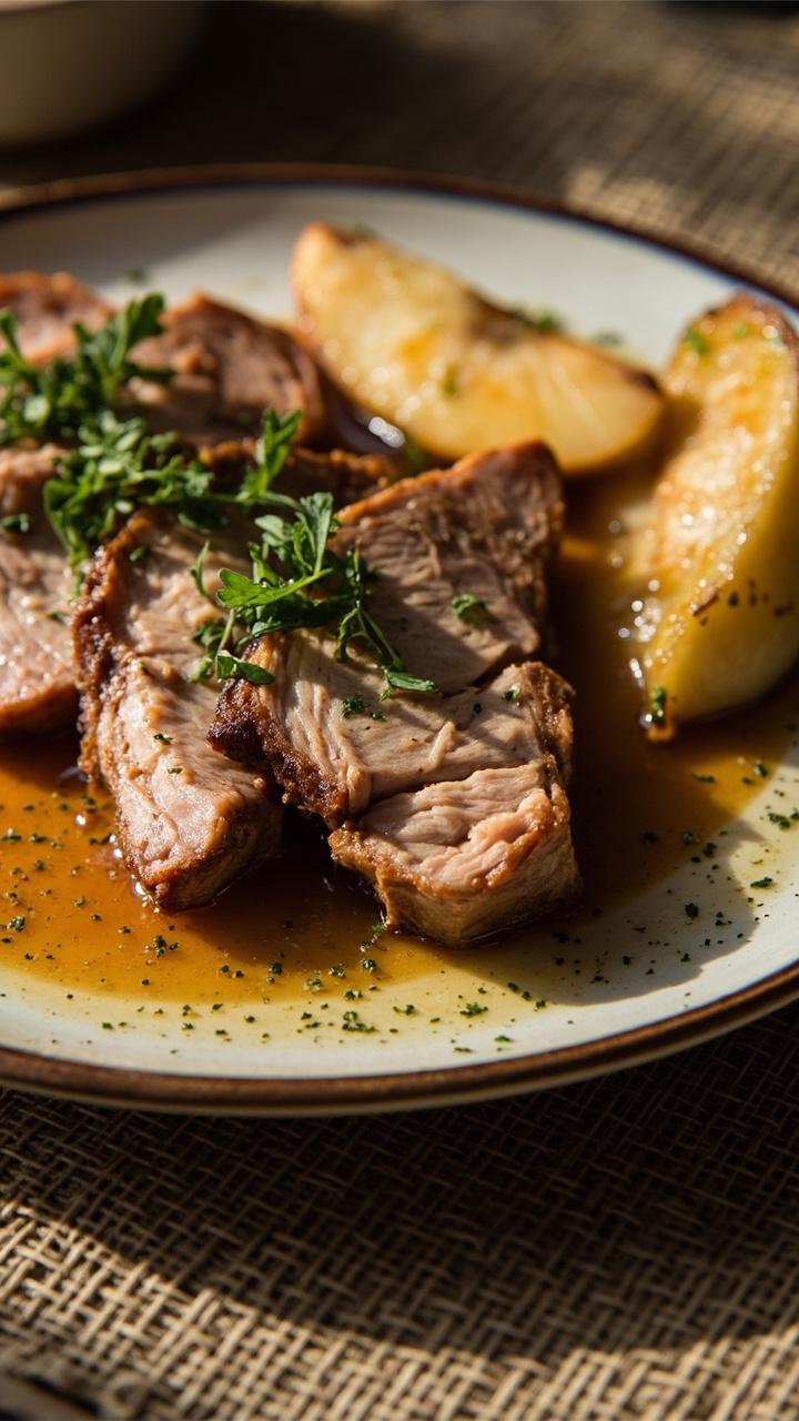 Sliced pork arranged next to braised apple wedges that are glossy from the cider. A shallow pool of reduced cider sauce around the meat. Sprinkled chopped parsley and a rustic linen placemat visible.