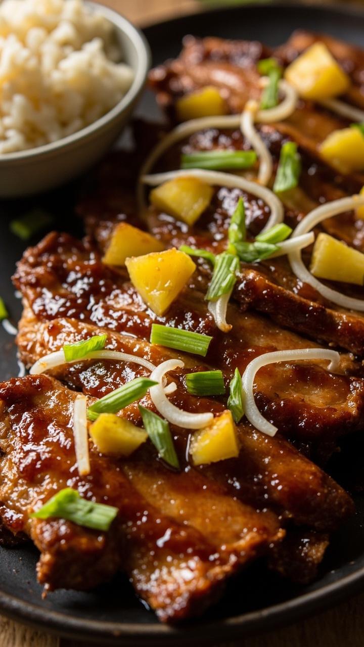 Sliced pork with sticky teriyaki pineapple glaze. A small bowl of jasmine rice beside it. Fresh pineapple chunks and thinly sliced scallions scattered on top of the pork.