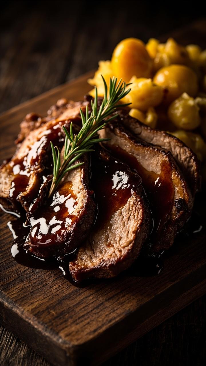 Sliced pork topped with a deep glossy fig balsamic reduction. A sprig of rosemary as garnish. A small heap of buttered new potatoes on the side and a dark wooden board underneath.