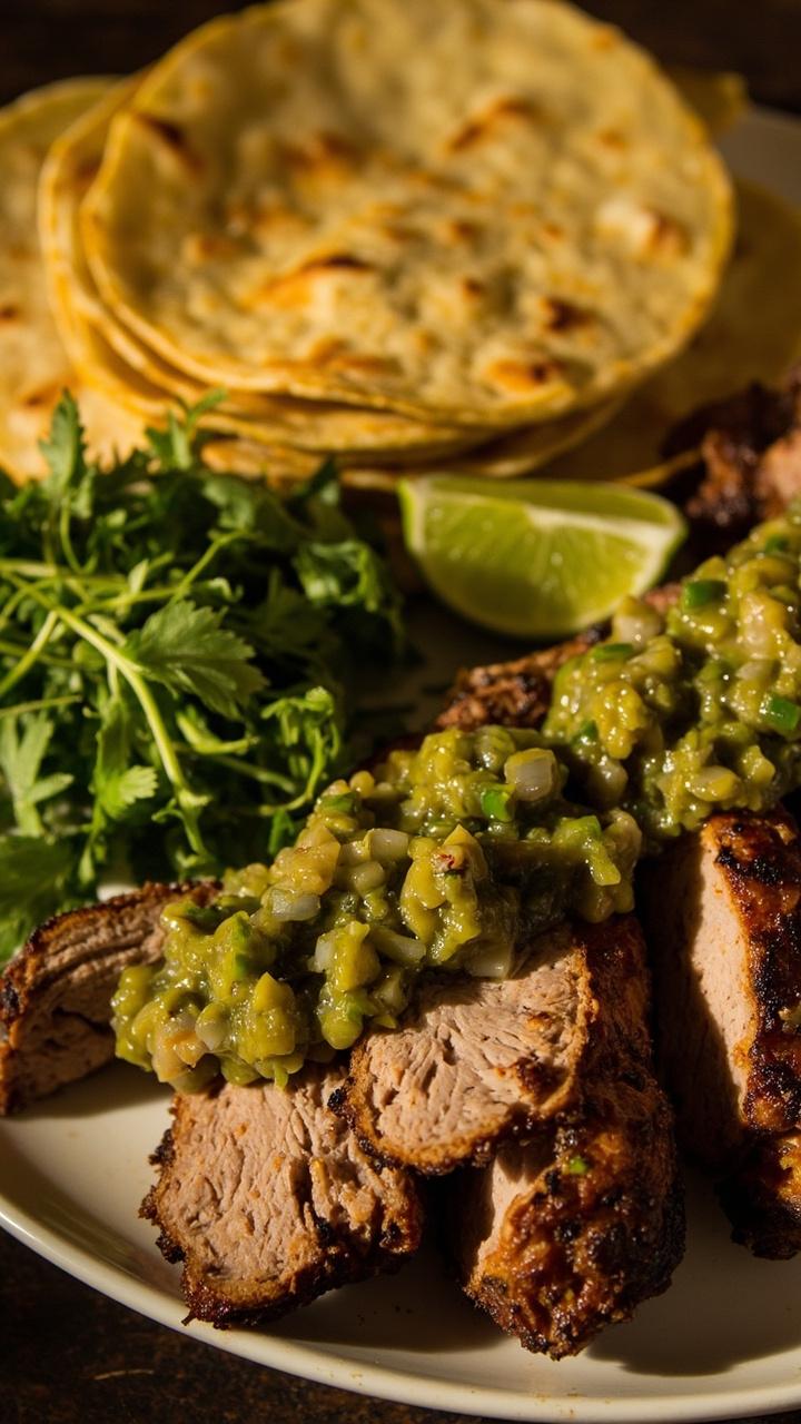 Sliced pork with chunky green salsa verde spooned over it. Warm corn tortillas stacked beside the plate. Lime wedges and a small pile of cilantro leaves for garnish.