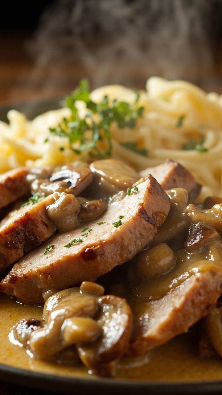 Sliced pork smothered in creamy mushroom sauce dotted with thinly sliced sautéed mushrooms. A side of buttered egg noodles or mashed potatoes visible. A light sprinkle of chopped parsley on top.