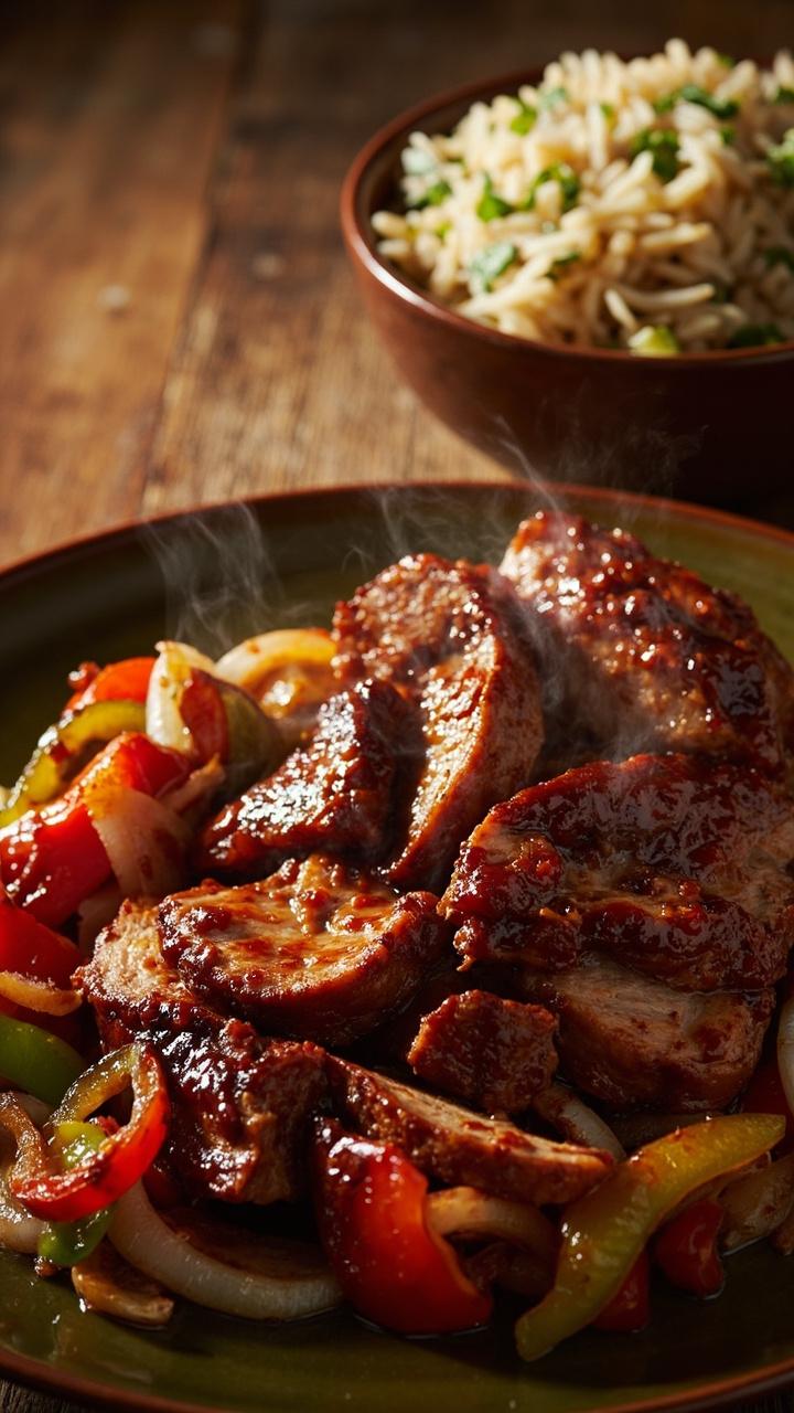 Sliced pork with a reddish Cajun glaze. Soft cooked red and green bell peppers and onions tucked around the meat. A simple bowl of cilantro lime rice to the side.