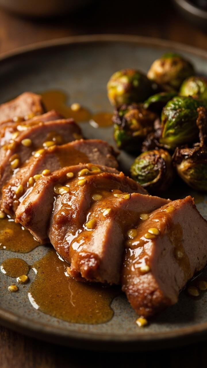 Sliced pork glazed with a shiny maple mustard sauce. A small serving of roasted Brussels sprouts to the side. A light drizzle of extra sauce on the plate and a few whole grain mustard seeds visible.