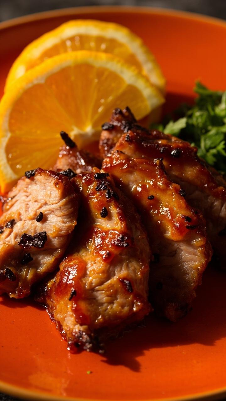 Sliced pork with a deep reddish orange glaze dotted with charred chipotle flecks. Orange wedges and a small pile of chopped cilantro beside the meat on a bright ceramic plate.