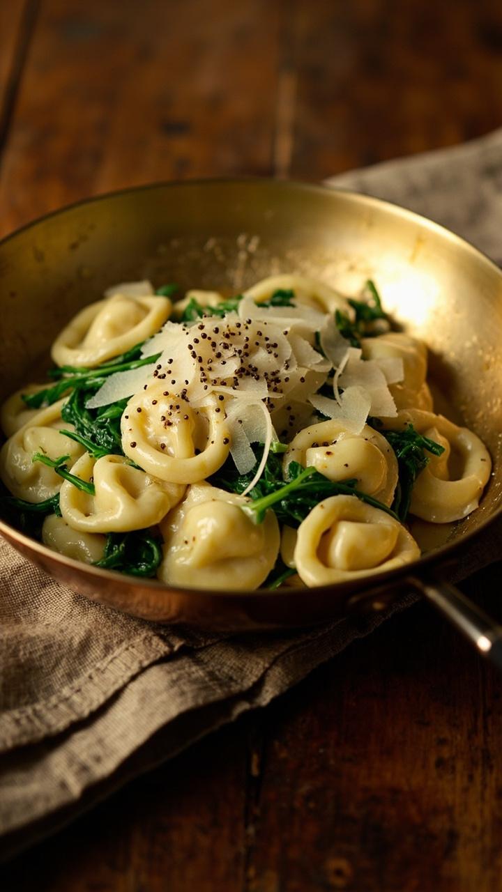 golden skillet with glossy cheese tortellini piled in the center, wilted bright green spinach folded through, shavings of pale Parmesan on top, a scattering of cracked black pepper, wooden table, linen napkin golden skillet with glossy cheese tortellini piled in the center, wilted bright green spinach folded through, shavings of pale Parmesan on top, a scattering of cracked black pepper, wooden table, linen napkin