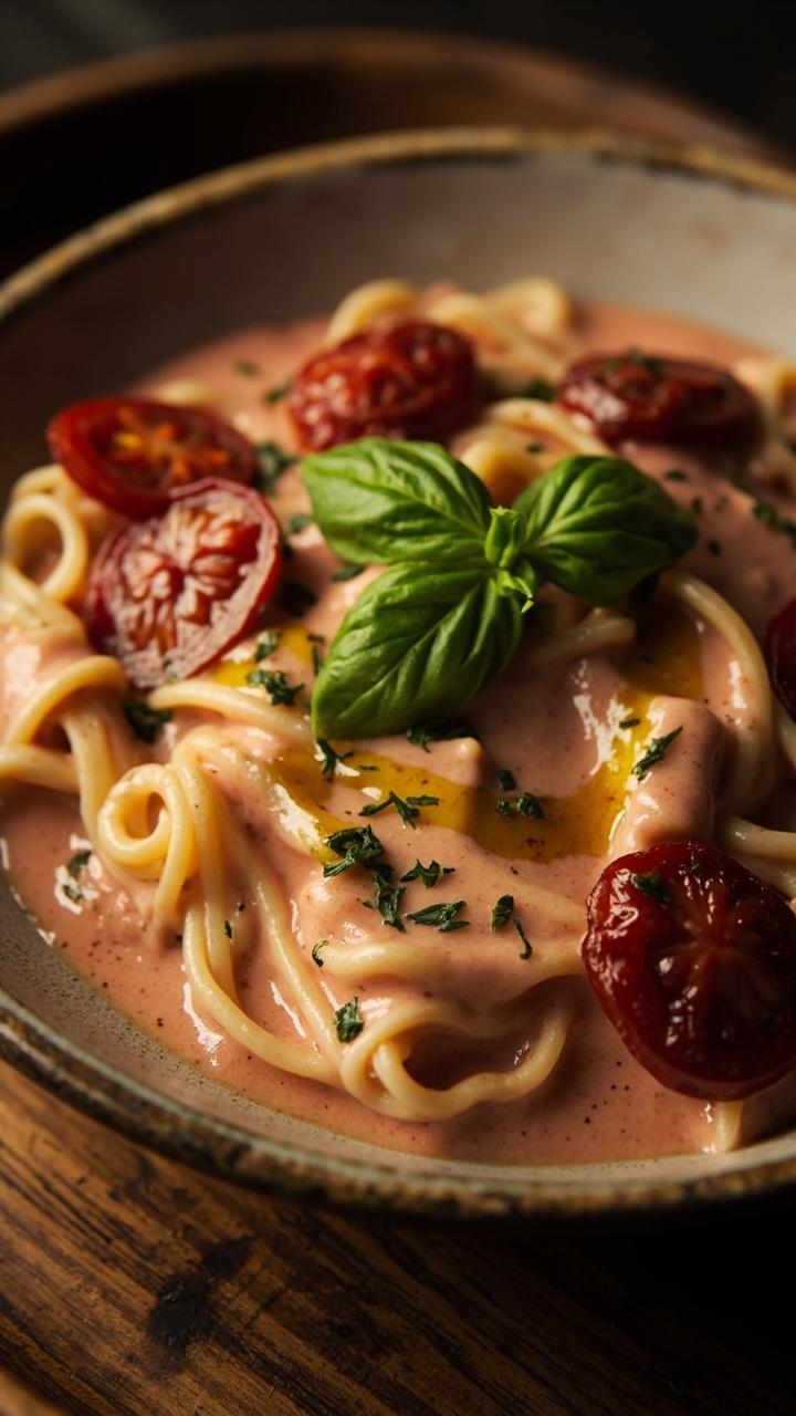 shallow pasta bowl with creamy pink-tinted sauce, halved sun-dried tomatoes and fresh basil leaves scattered on top, a small drizzle of olive oil, wooden board beneath the bowl shallow pasta bowl with creamy pink-tinted sauce, halved sun-dried tomatoes and fresh basil leaves scattered on top, a small drizzle of olive oil, wooden board beneath the bowl
