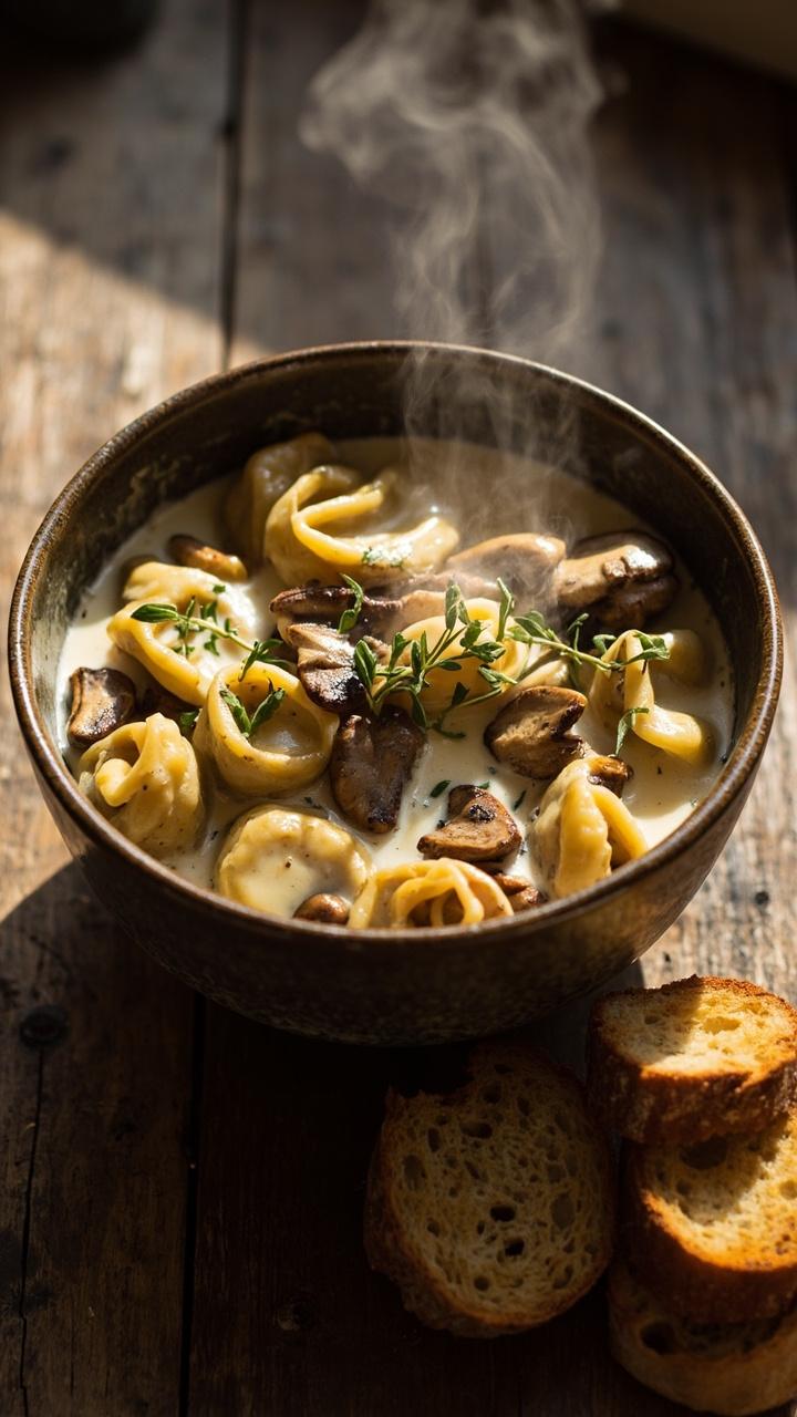 deep ceramic bowl with brown sauteed mushrooms and glossy tortellini in a pale cream sauce, fresh thyme sprigs on top, side of toasted bread, rustic wooden table deep ceramic bowl with brown sauteed mushrooms and glossy tortellini in a pale cream sauce, fresh thyme sprigs on top, side of toasted bread, rustic wooden table