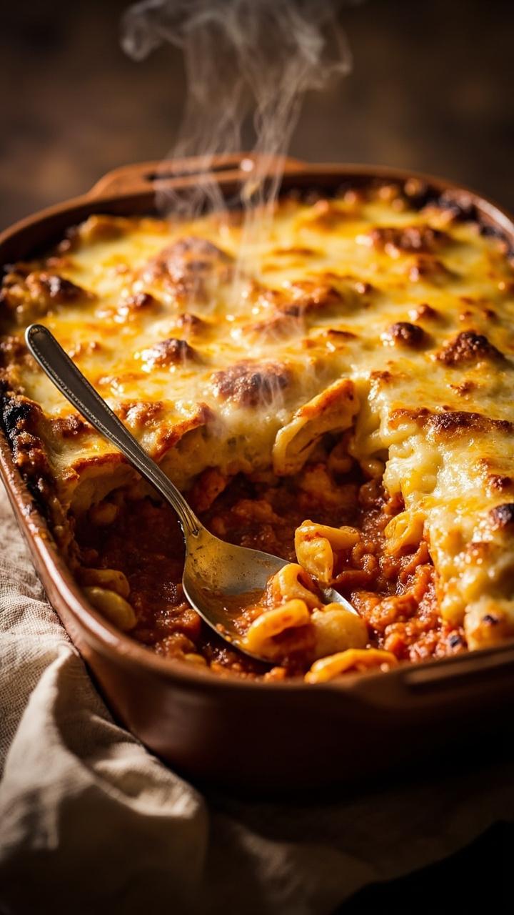 oven-safe dish with golden bubbly cheese crust, cut scoop revealing saucy tortellini underneath, small spoon resting in dish, kitchen towel beneath casserole oven-safe dish with golden bubbly cheese crust, cut scoop revealing saucy tortellini underneath, small spoon resting in dish, kitchen towel beneath casserole