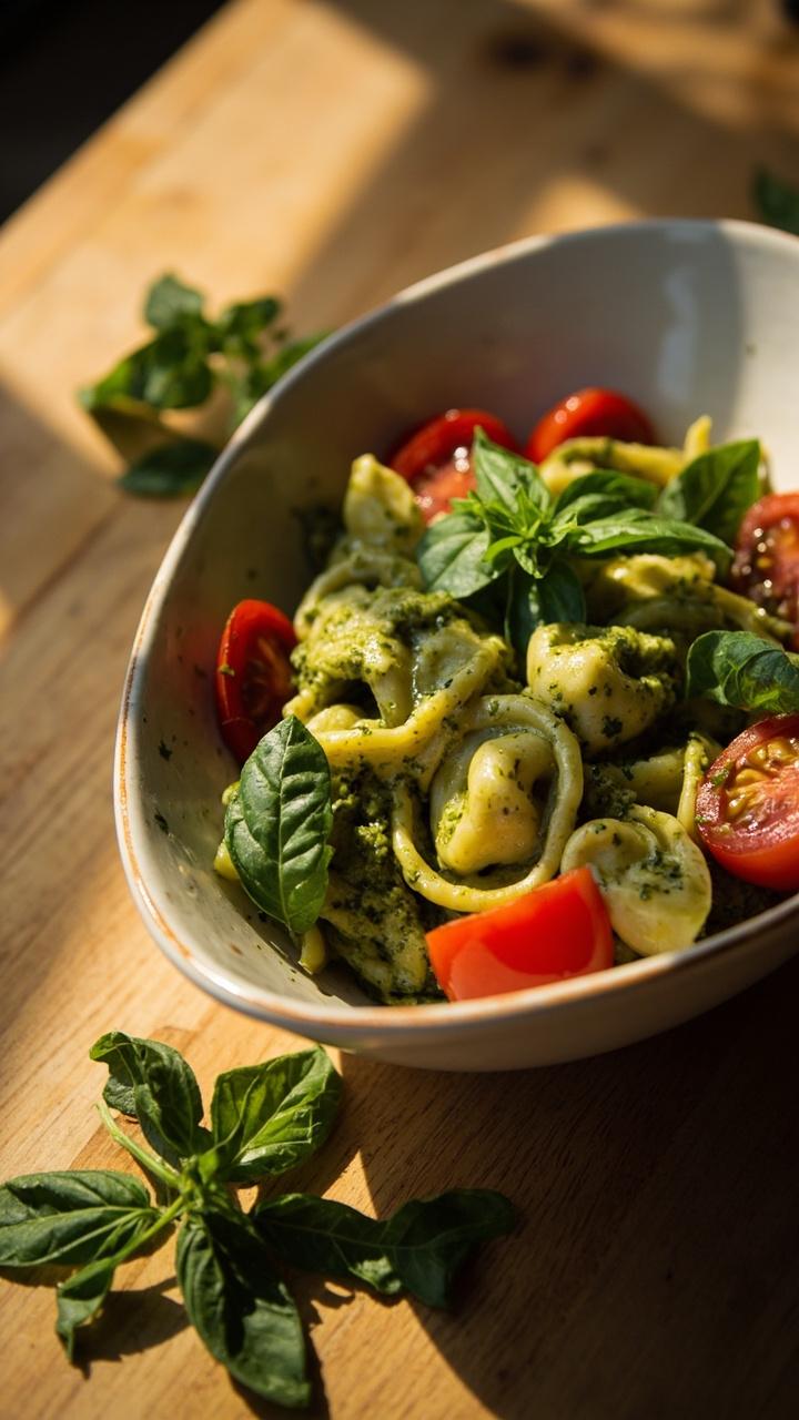 wide shallow bowl with vivid green pesto cream coating tortellini, halved glossy cherry tomatoes around edges, torn basil leaves, light wooden table wide shallow bowl with vivid green pesto cream coating tortellini, halved glossy cherry tomatoes around edges, torn basil leaves, light wooden table