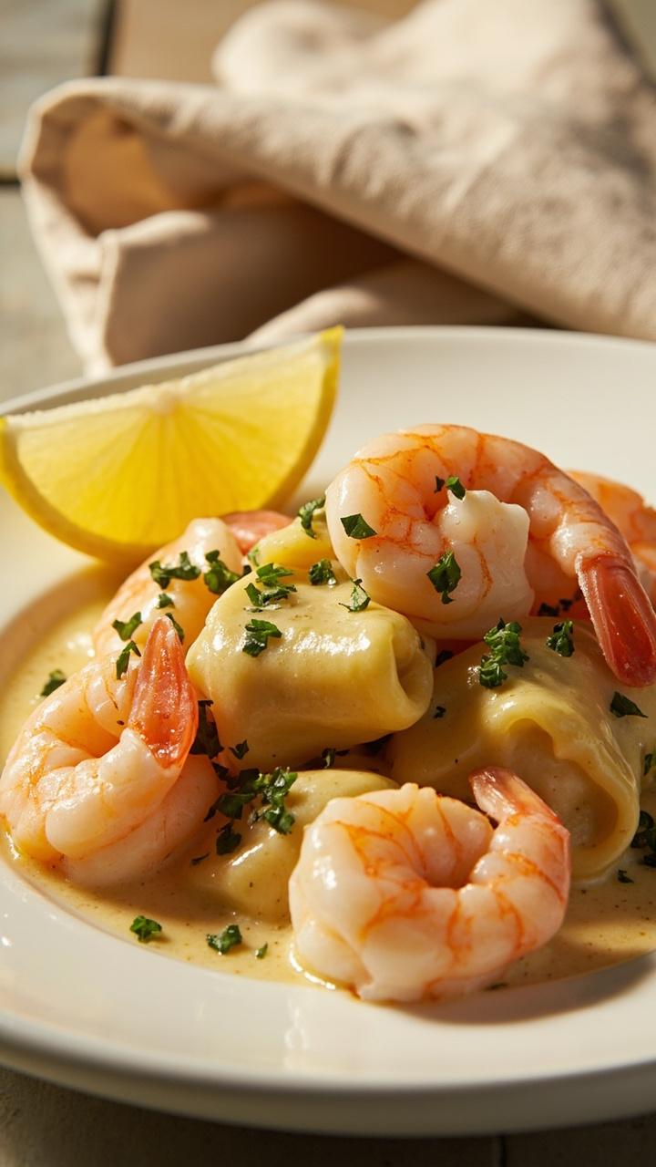 shallow white plate with plump pink shrimp resting on cream-coated tortellini, sprinkle of chopped parsley, lemon wedge on the rim, napkin folded beside plate shallow white plate with plump pink shrimp resting on cream-coated tortellini, sprinkle of chopped parsley, lemon wedge on the rim, napkin folded beside plate