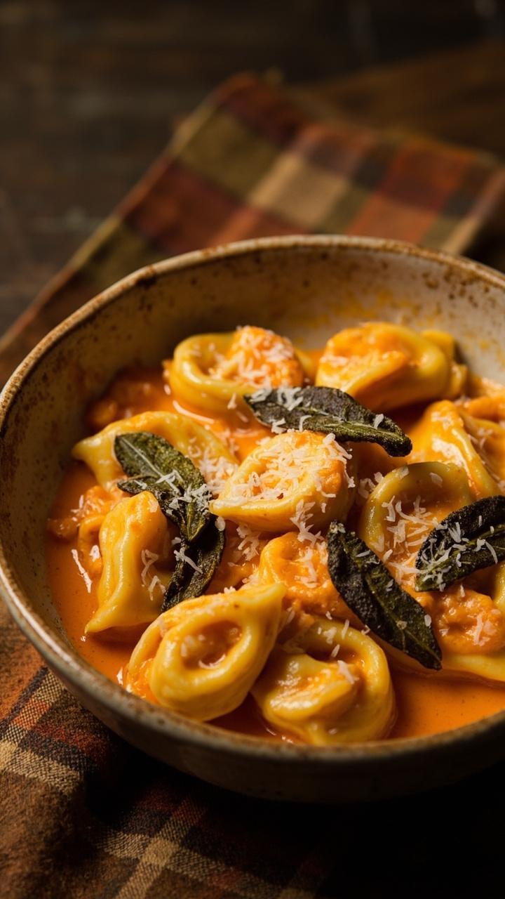 shallow bowl with orange cream sauce coating tortellini, toasted sage leaves scattered on top, light dusting of grated Parmesan, warm plaid napkin under bowl shallow bowl with orange cream sauce coating tortellini, toasted sage leaves scattered on top, light dusting of grated Parmesan, warm plaid napkin under bowl