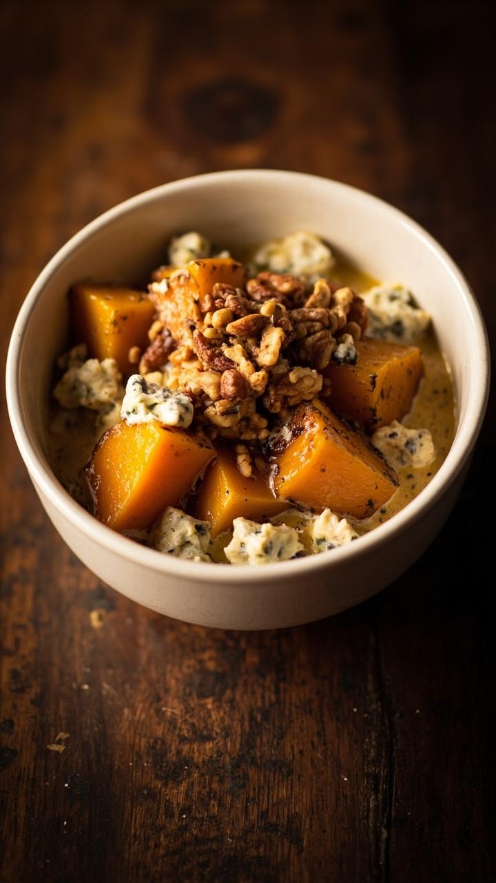 white bowl with orange cubes of roasted butternut and creamy sauce dotted with blue Gorgonzola crumbles, sprinkle of toasted walnuts, dark wood table white bowl with orange cubes of roasted butternut and creamy sauce dotted with blue Gorgonzola crumbles, sprinkle of toasted walnuts, dark wood table