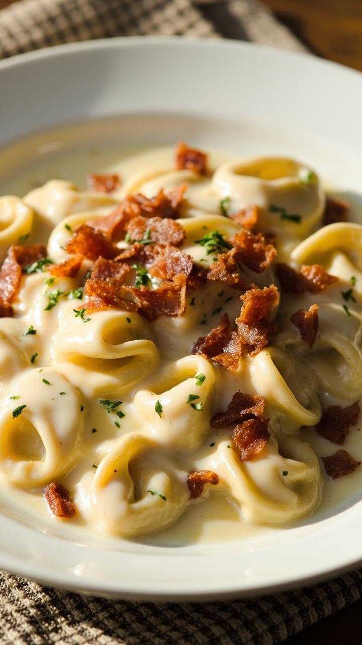 white shallow plate with glossy cream-coated tortellini, crispy golden pancetta bits scattered on top, a small sprinkle of chopped parsley, checked napkin white shallow plate with glossy cream-coated tortellini, crispy golden pancetta bits scattered on top, a small sprinkle of chopped parsley, checked napkin