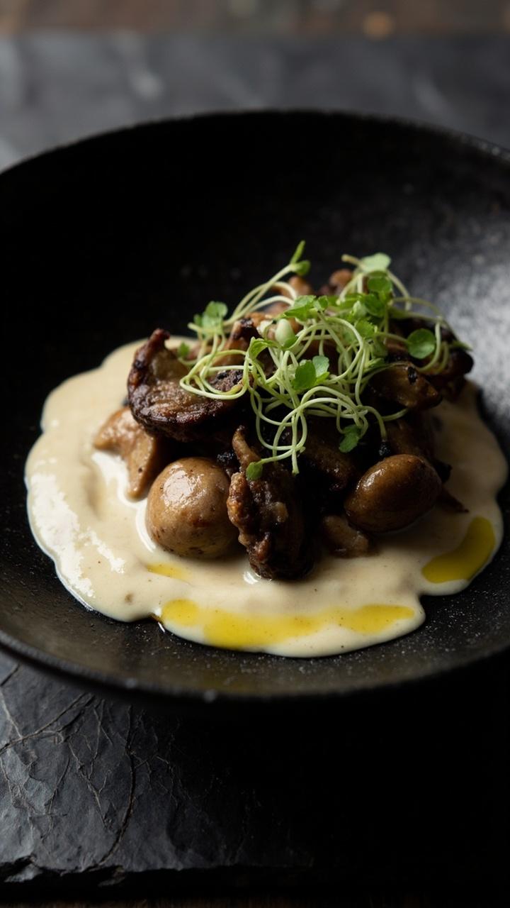 shallow black bowl with glossy cream sauce and dark sautéed mushrooms, drizzle of pale truffle oil across the top, microgreens as garnish, slate placemat shallow black bowl with glossy cream sauce and dark sautéed mushrooms, drizzle of pale truffle oil across the top, microgreens as garnish, slate placemat