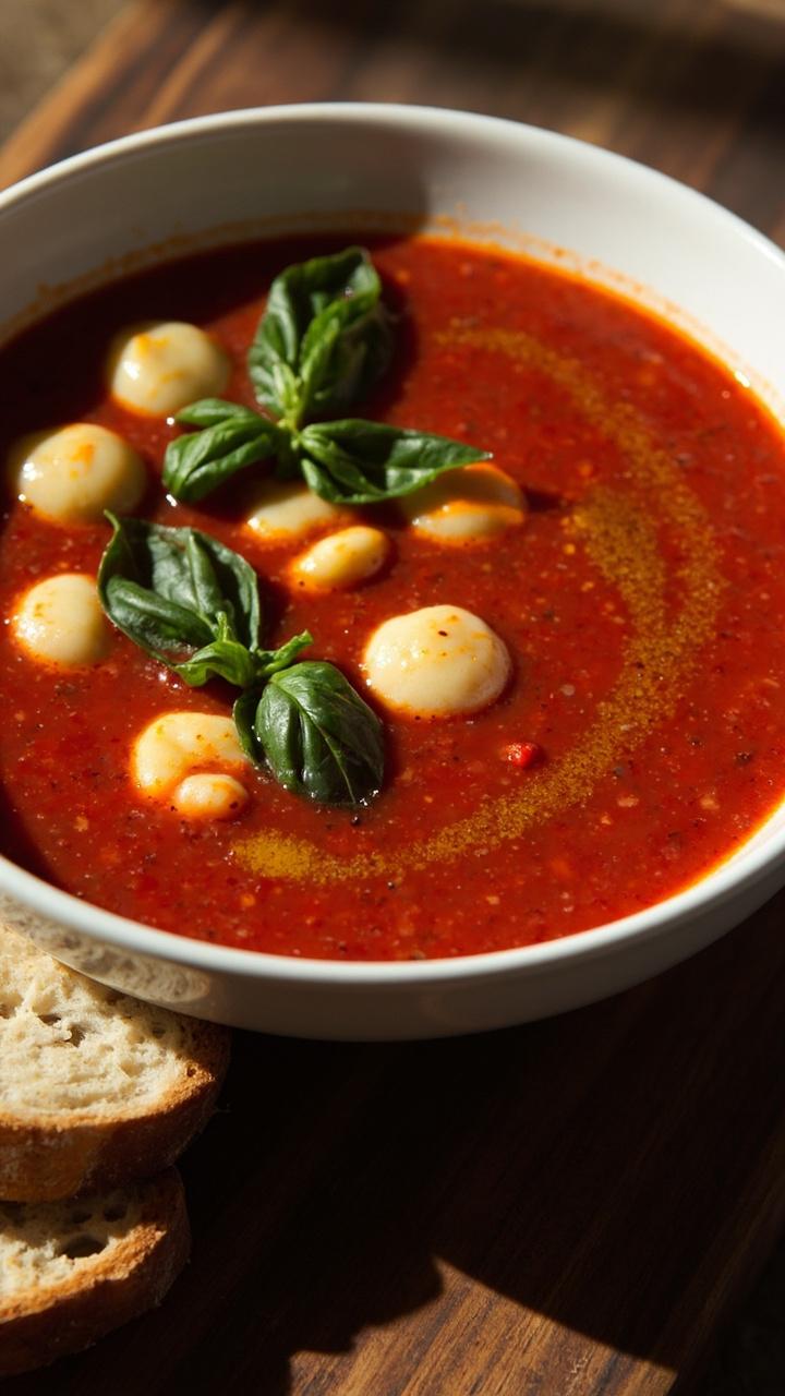 Creamy deep red tomato broth with glossy potato gnocchi floating, fresh basil leaves scattered on top, a drizzle of olive oil, and a slice of crusty bread on a wooden board beside a white ceramic bowl