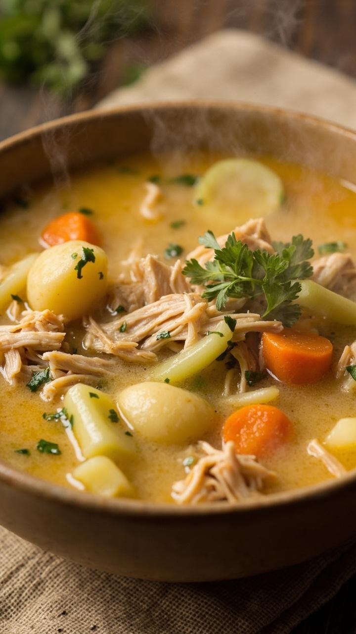 Milky golden broth with pieces of shredded chicken and gnocchi, thin slices of carrot and celery visible, a scattering of chopped parsley on top, served in a shallow beige bowl on a linen napkin