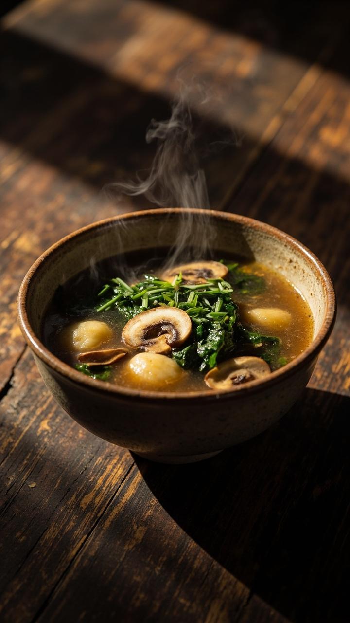 Warm light brown mushroom broth with bite sized mushroom slices and gnocchi, wilted dark green spinach, a sprinkle of chopped chives, served in a rustic stoneware bowl on a wooden table