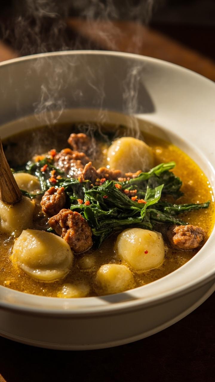 Golden broth with browned sausage crumbles and dark green kale ribbons, potato gnocchi nestled throughout, thinly sliced red pepper flakes on the surface, served in a wide white bowl with a wooden spoon