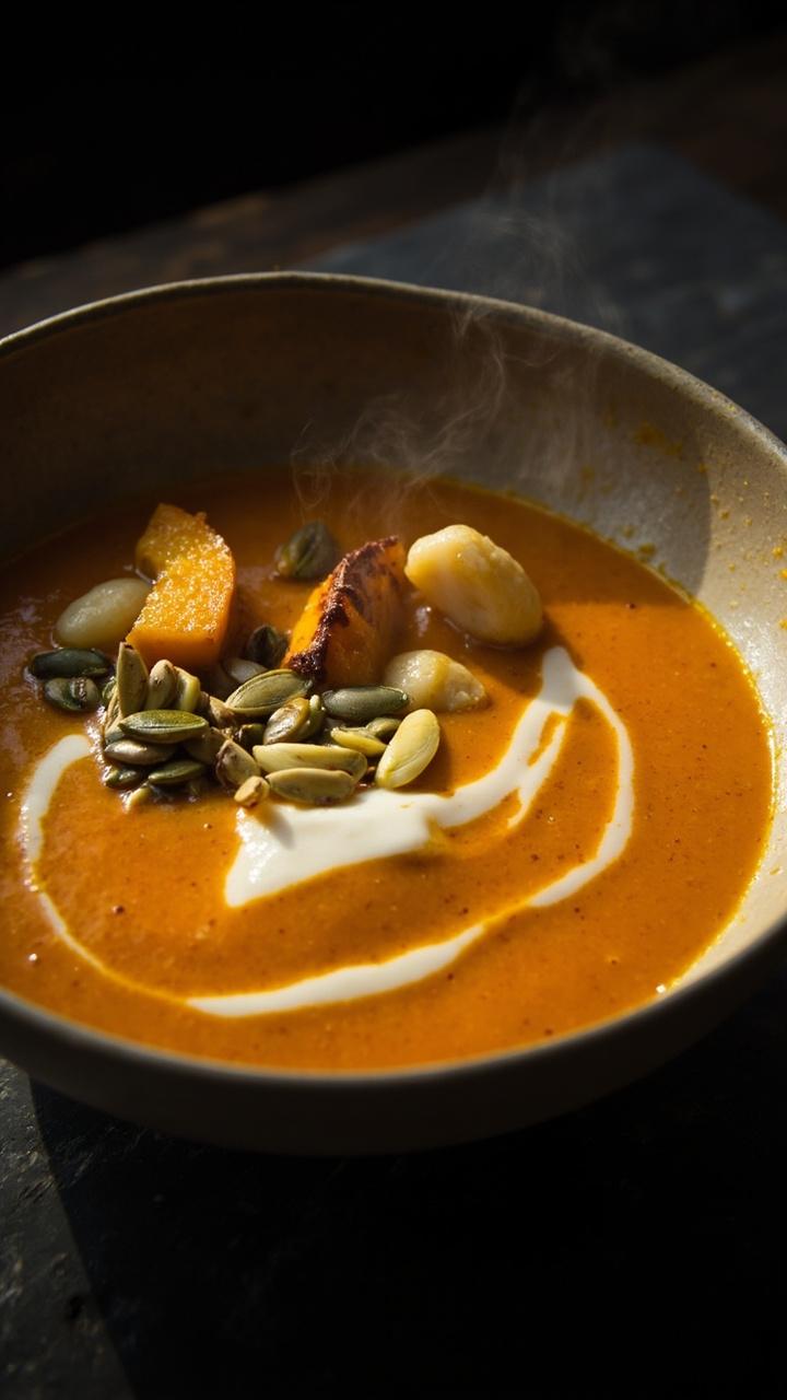 Velvety orange butternut soup with a few halved gnocchi pieces on top, roasted squash cubes and pumpkin seeds as garnish, a light swirl of cream, served in a shallow bowl on a dark slate