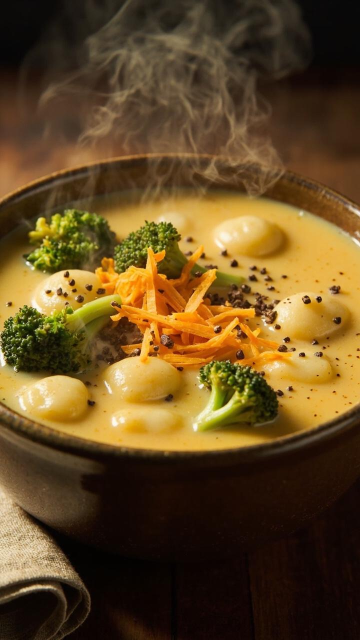 Thick pale yellow cheese broth with bright green broccoli florets and gnocchi, a sprinkle of sharp cheddar shreds and cracked black pepper on top, served in a deep ceramic bowl with a napkin