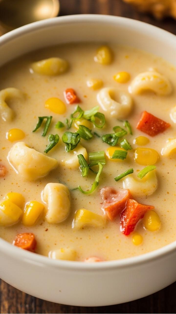 Pale creamy chowder with yellow corn kernels and gnocchi, small bits of red bell pepper for color, a sprinkle of chopped scallions, served in a rounded white bowl