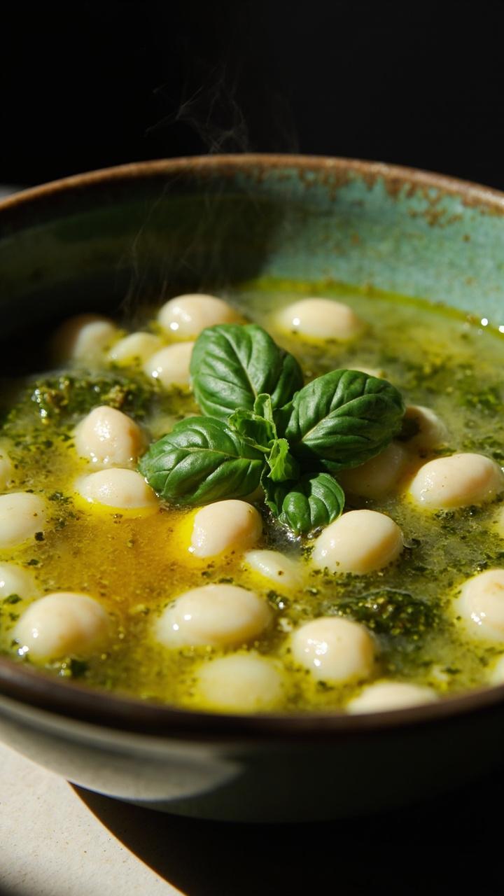 Light green broth flecked with basil pesto, white beans and gnocchi visible, a few whole basil leaves and a drizzle of olive oil on top, served in a shallow green ceramic bowl